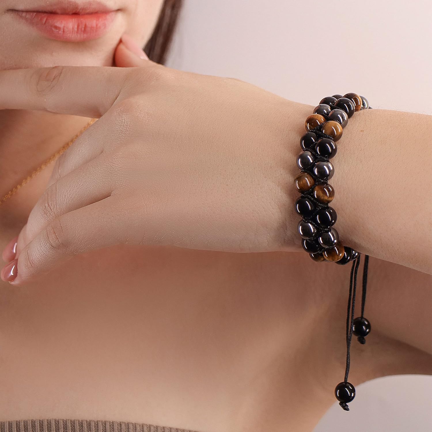 Crystal Vibe 8mm Triple Protection Bracelet - Beaded Bracelet with Natural Stones of Tiger Eye, Hematite, Black Obsidian - Elastic Adjustable Crystal Bracelet for Anxiety Relief, Spiritual Healing - Image 5
