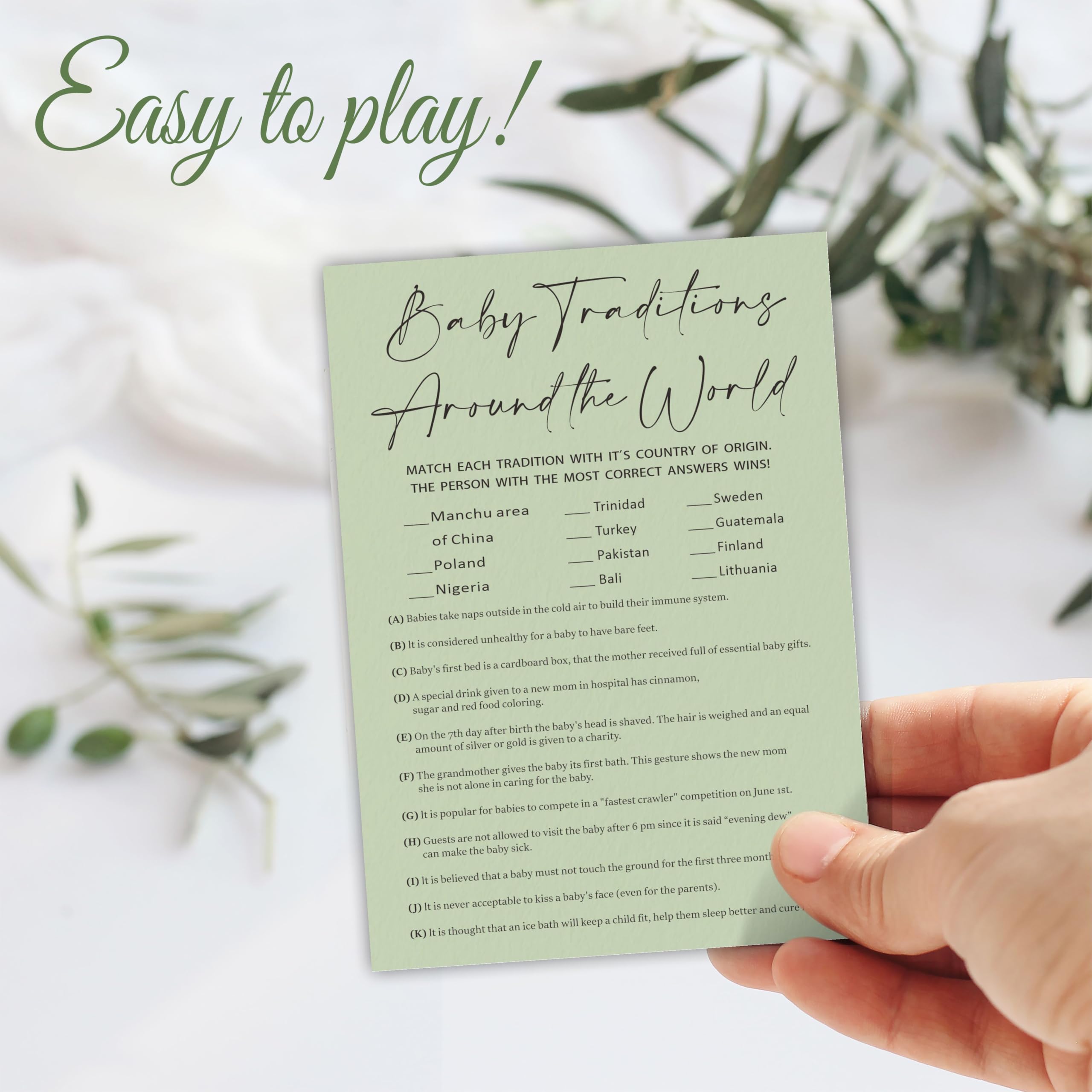 Baby Shower Trivia Game Cards - 30 Gender-Neutral Cards With Answer Sheet, Sage Green Design, Party Games & Favors