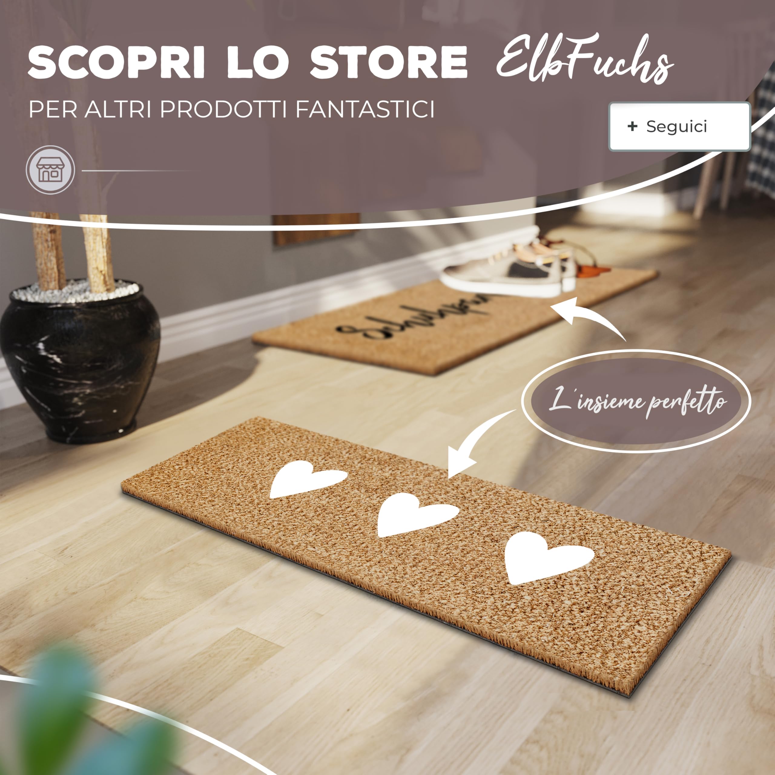 ElbFuchs® Zerbino in Cocco 75x25 cm | Cuori Bianchi | Extra Resistente e Antiscivolo | Zerbino Esterno e Interno Ingresso | Tappeto Spazzola in Cocco per Ingresso Esterno Stretto