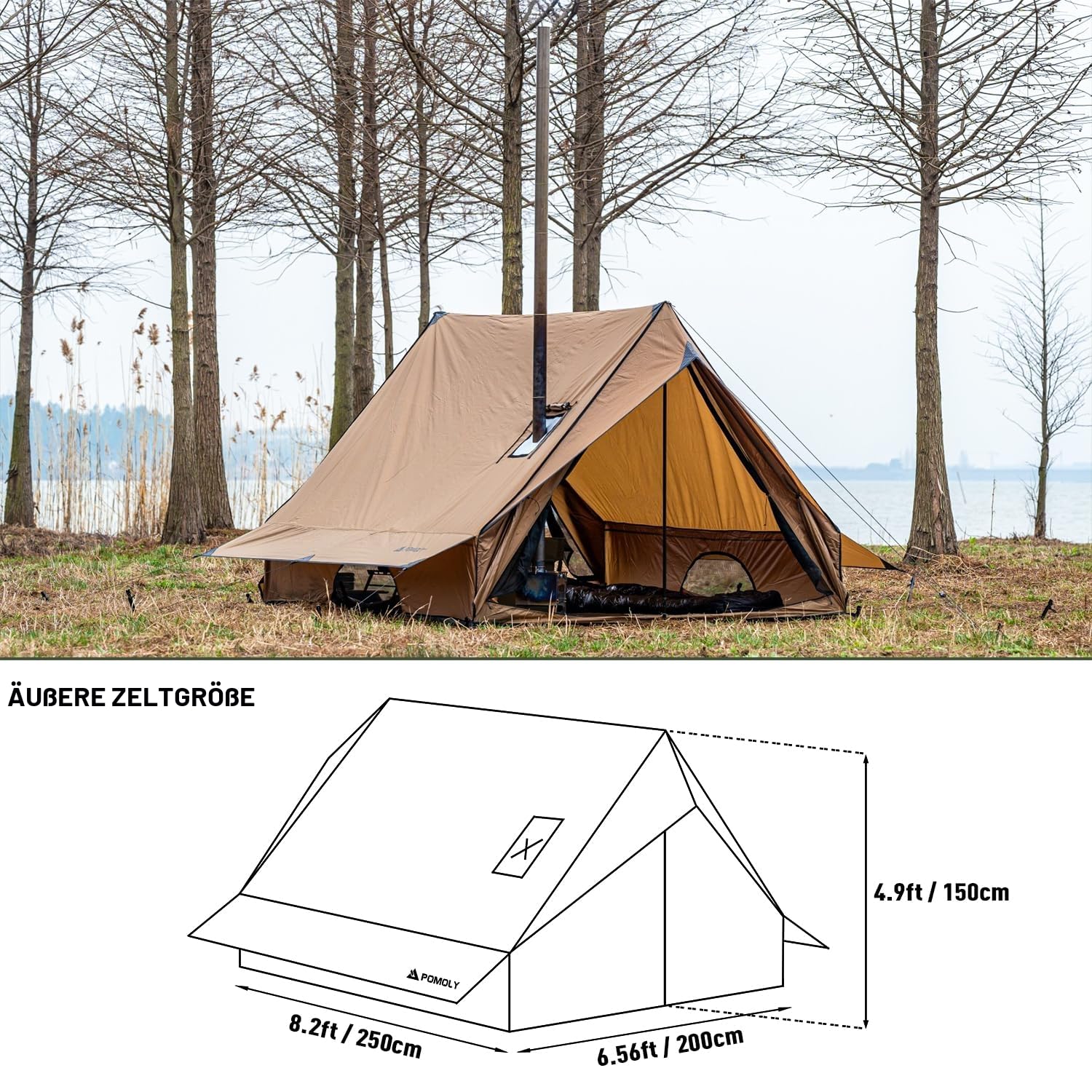 Camping Heißzelt Herd Zelt Wandzelt, POMOLY Chalet 70 Pro, tragbares Kabinenzelt mit Herdheber und Zwei Zeltstangen für 1-2 Personen Wandern, Jagd, Rucksackreisen | 2024