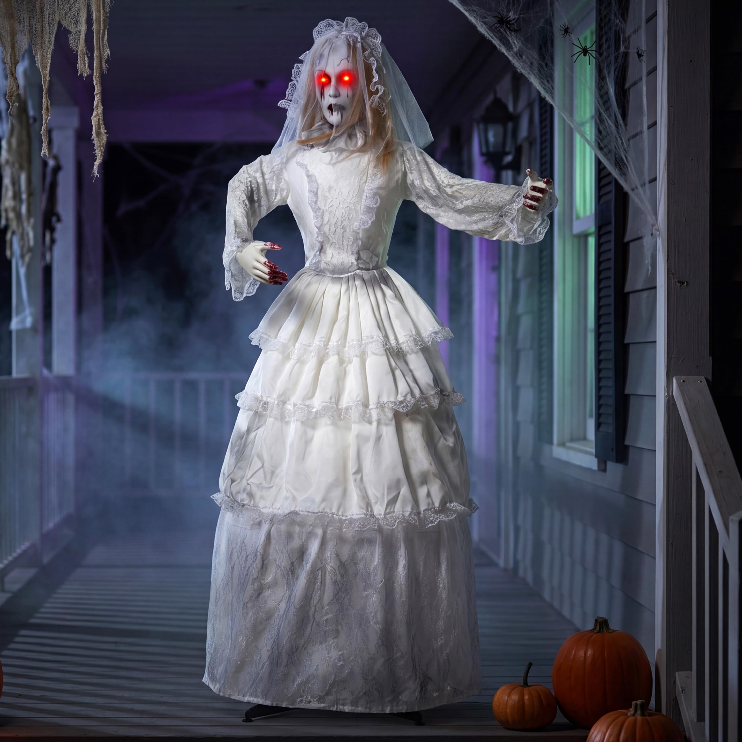 Joyin White 67" Halloween Outdoor Decorations Animatronic Bride, 180° Twisting Head Jump Scare, Sound Activated Scary Prop With Glowing Eyes And Sounds, Scary Haunted House Props For Garden Yard Lawn
