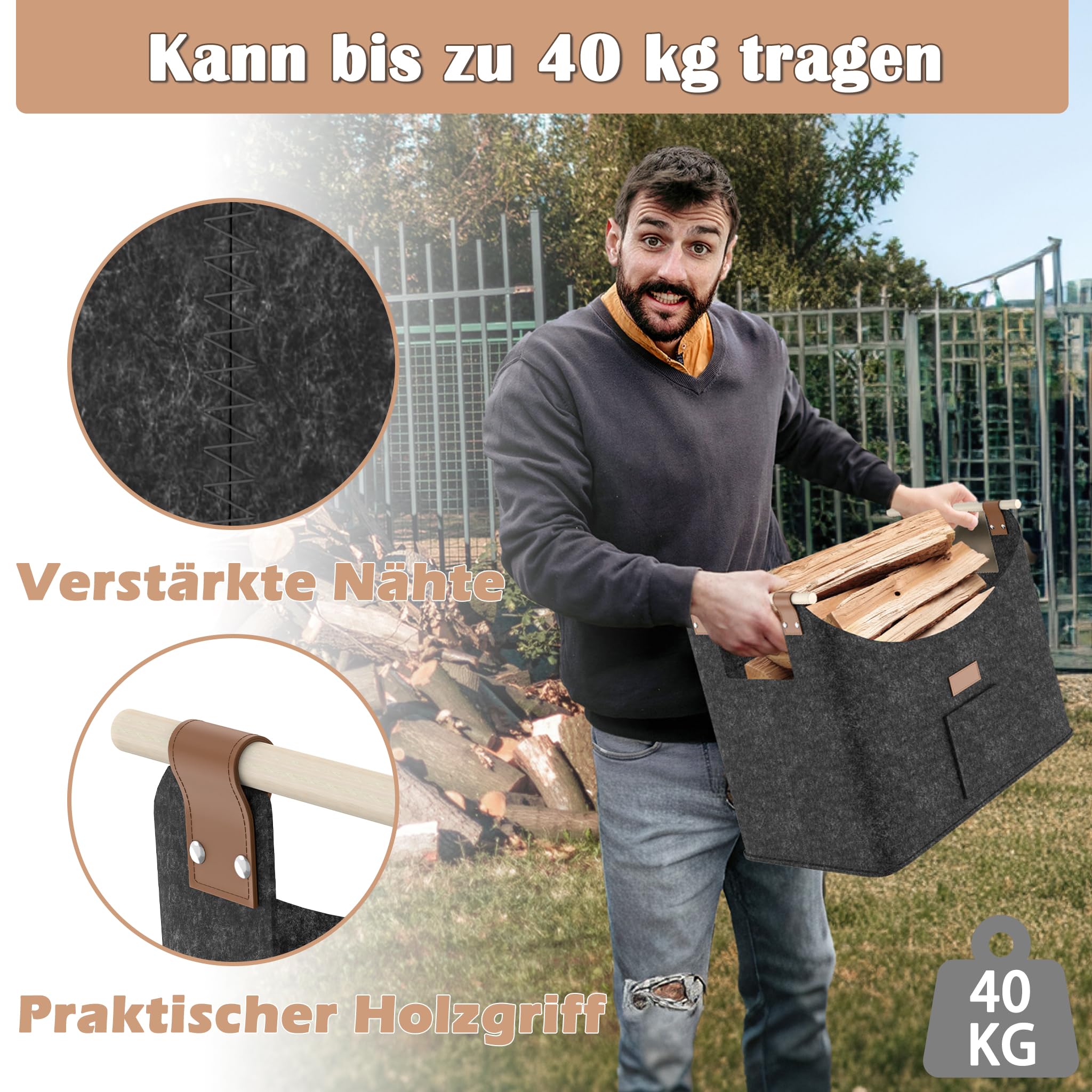 NAIZY XXL Houtmand voor Haardhout, 2 stuks Opvouwbare Grote Houtmand van Extra Dik Vilt Shopper voor Hout Kranten Haardhout Vilttas Afmetingen 55 x 30 x 40 cm - Antraciet