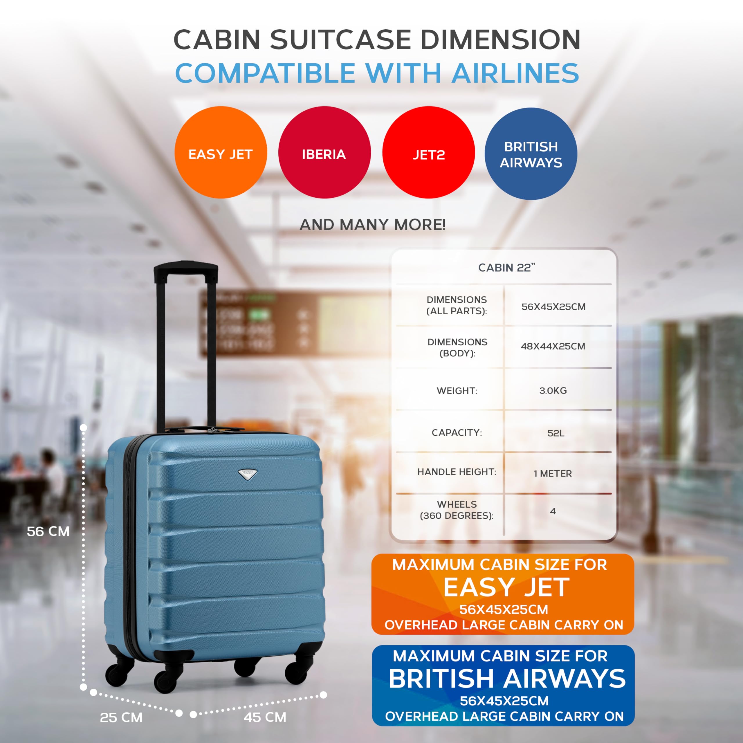 Flight Knight 56x45x25 EasyJet Cabin Bag, Jet2, British Airways Suitcase - Lightweight Small Durable 4-Wheel Cabin Case, Maximum Carry-On Size, ABS Hard Shell, 10kg Hand Luggage Bag- 56 x 45 x 25
