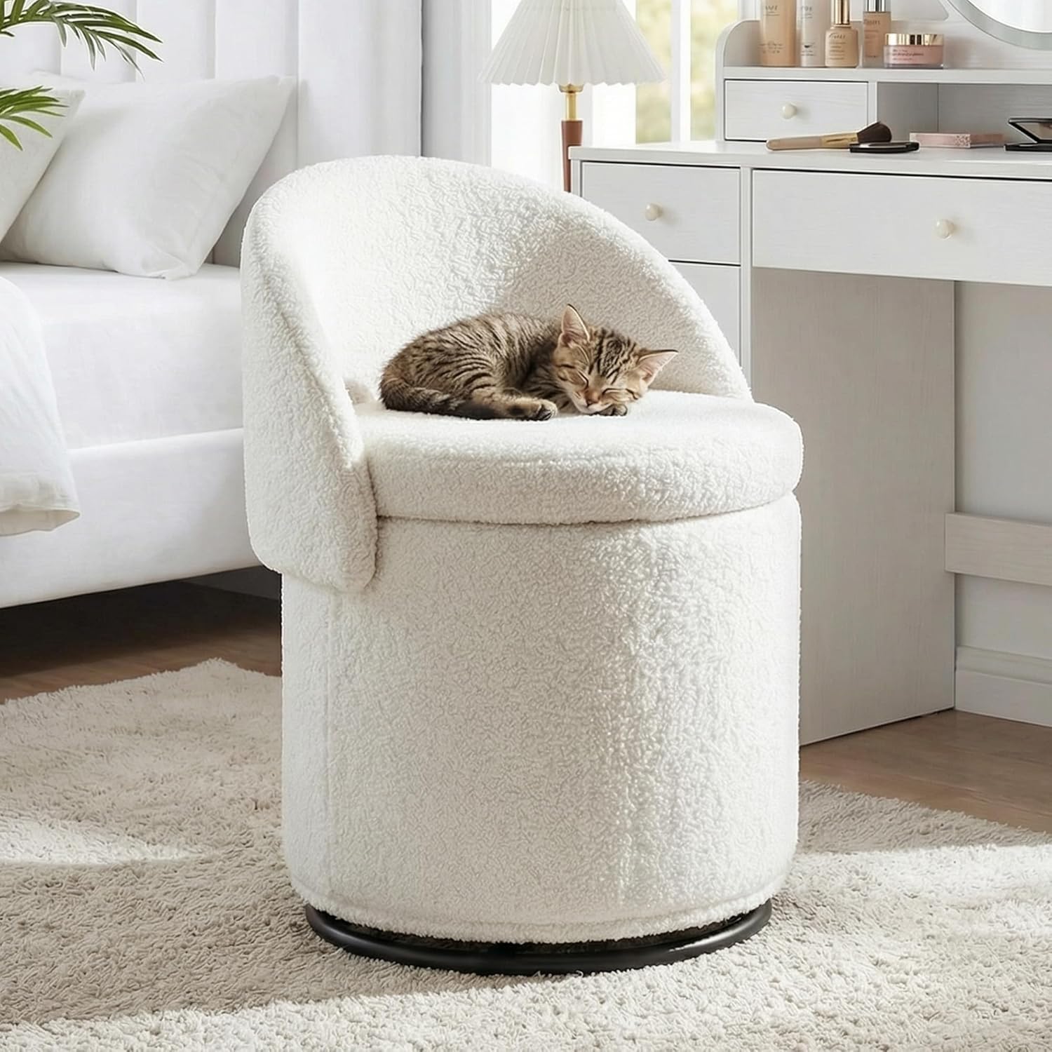 DUOMAY Modern Round Swivel Vanity Storage Stool with Foldable Backrest, Upholstered Ottoman with Removable Lid, Footrest Makeup Stool for Living Room Bedroom, Sherpa White