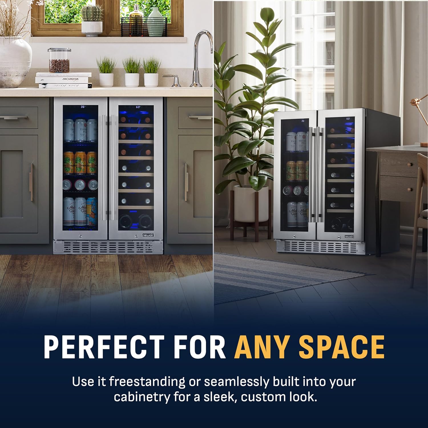NewAir 24" Dual Zone Beverage Refrigerator & Wine Cooler for 18 Bottles & 60 Cans | Freestanding or Built-In Under Counter Mini Fridge for Beer, Wine and Soda | Stainless Steel