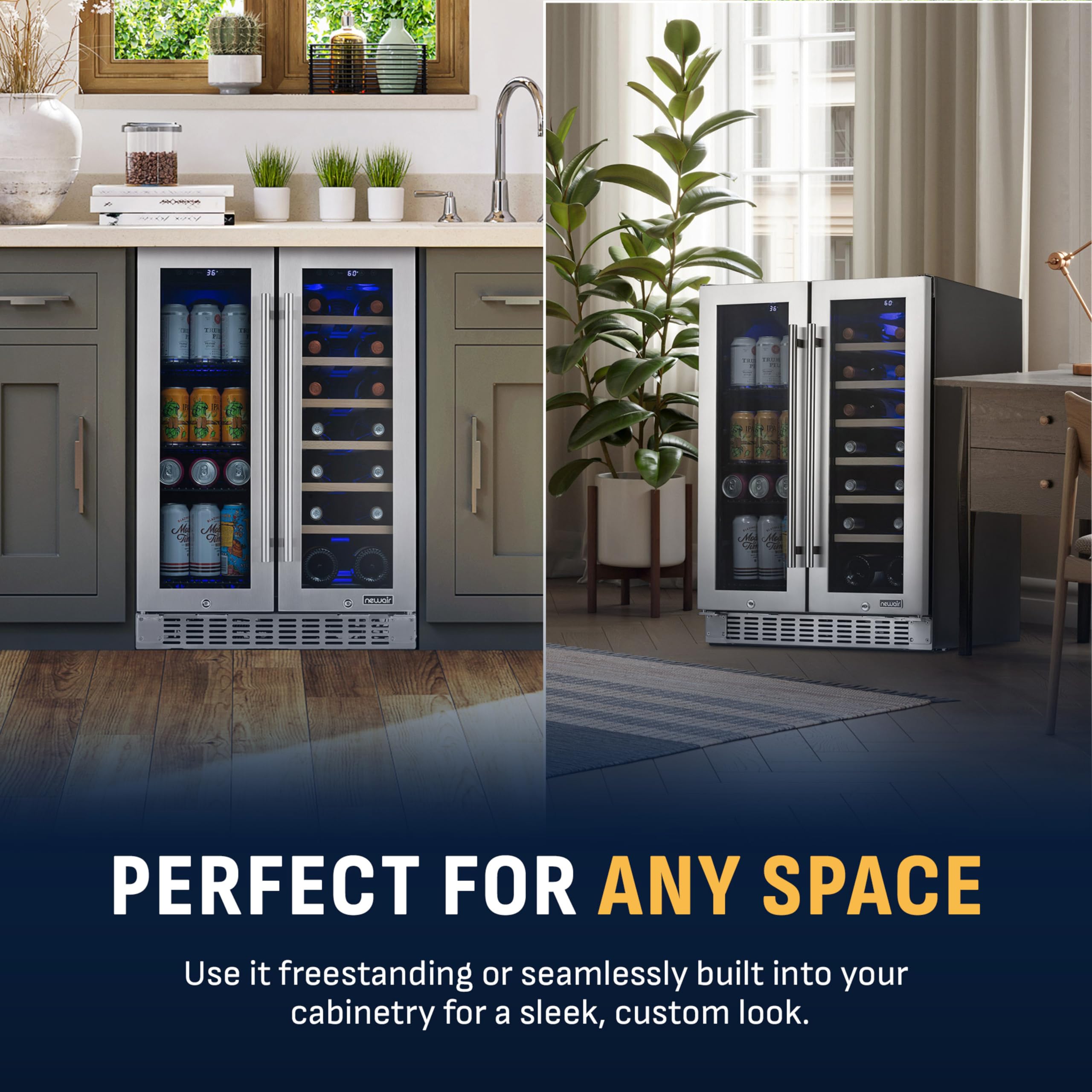 NewAir 24" Dual Zone Beverage Refrigerator & Wine Cooler For 18 Bottles & 60 Cans | Freestanding Or Built-In Under Counter Mini Fridge For Beer, Wine And Soda | Stainless Steel on Fridge.com - View 4