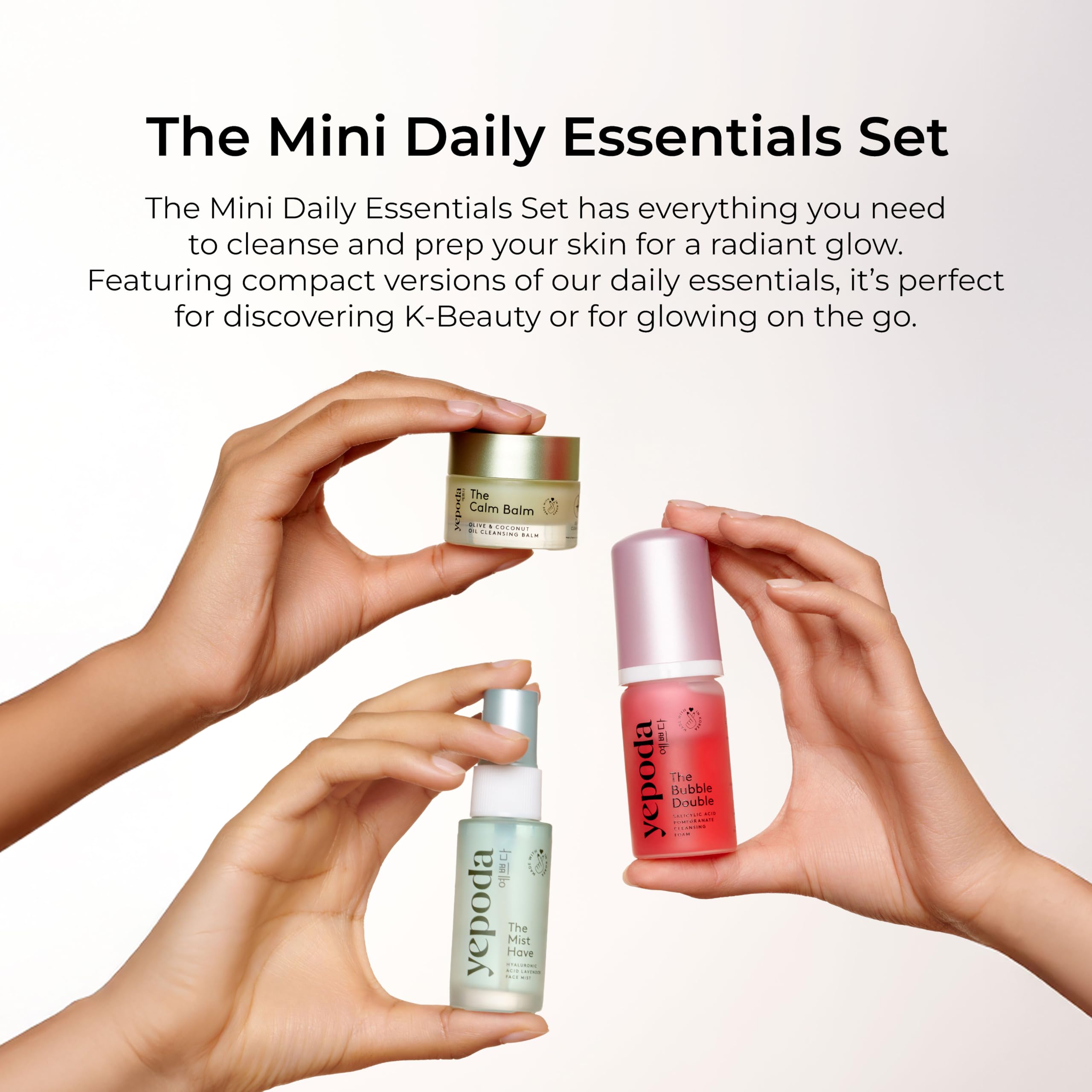 Yepoda The Mini Daily Essentials Set, K-Beauty Test- oder Reise-Set mit 3 Produkten: Reinigungsbalm, Reinigungsschaum und Toner Spray.