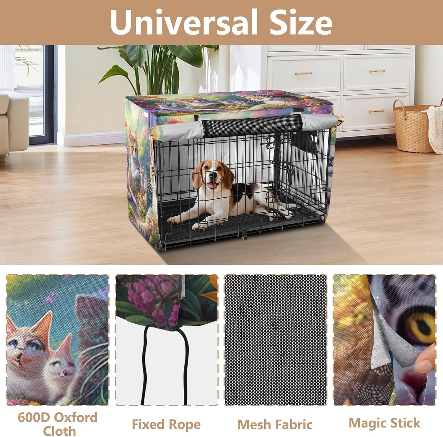 Cats Garden Flowers Dog Crate Covers Universal Size Fit, Pet Cage Cover with Openings, X-Large