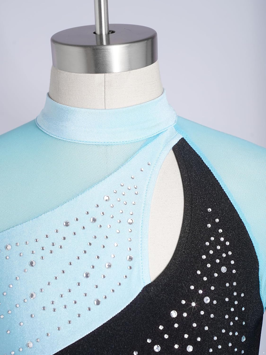 Jhaoyu Girls Figure Skating Dress Mesh Long Sleeve Rhinestone Roller Skating Dress Color Block Modern Lyrical Dance Leotard