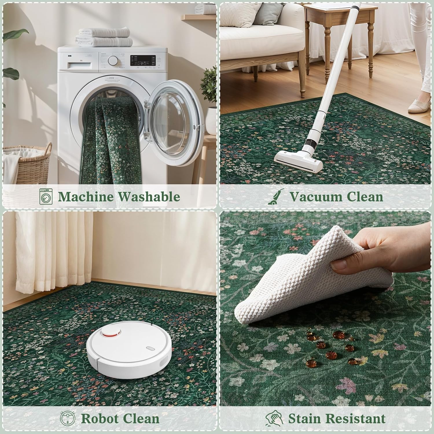 LIVEBOX Floral Dark Green Living Room Rug 8x10, Washable Area Rug for Bedroom, Vintage Green Forest Large Throw Rugs for Dining Room, Soft Non-Slip Low-Pile Boho Carpet for Kids Nursery Playroom