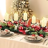 Christmas Tabletop Centerpiece 30 Inch Christmas Poinsettia Candle Holder with 5 Candle Artificial Table Decorations with Red Berries Gold Plants(Red Ball)