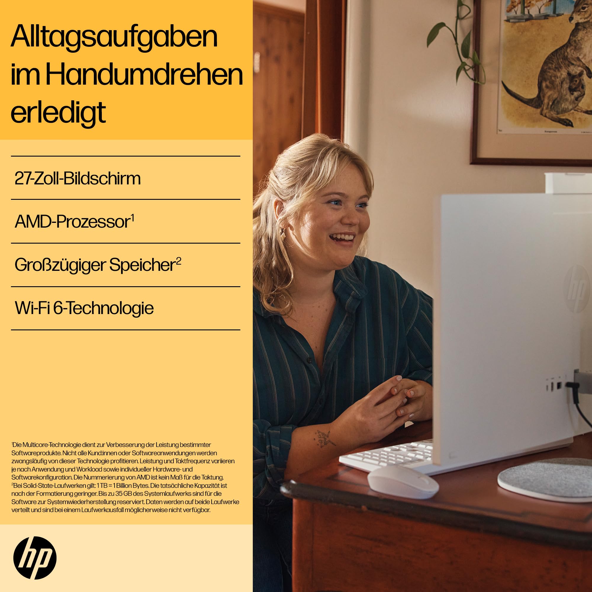 HP All-in-One Desktop-PC | 27" FHD Display | AMD Ryzen 5 7520U | 16 GB DDR5 RAM | 512 GB SSD | AMD Radeon-Grafikeinheit | Windows 11 Home | Weiß