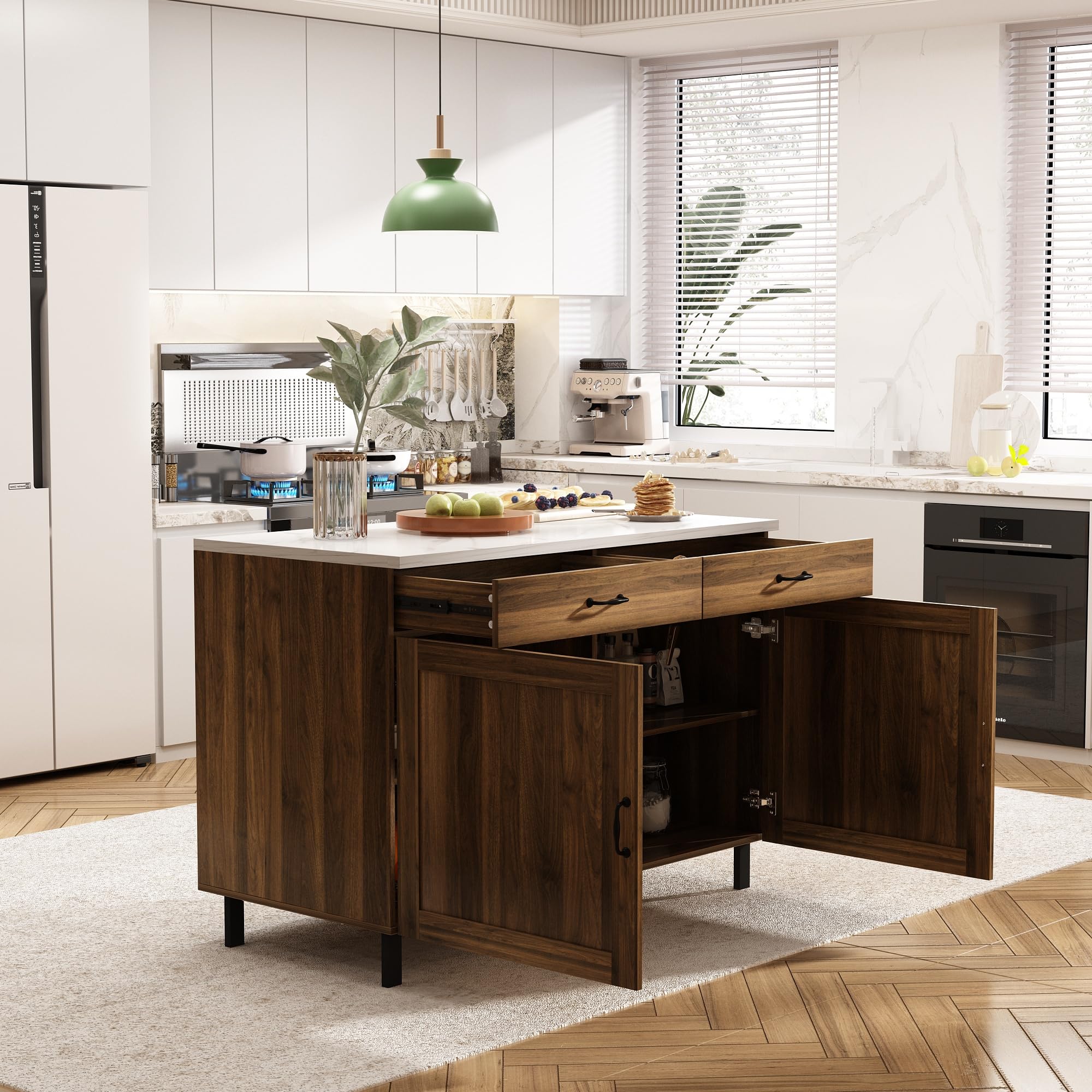 Isola cucina con piano di lavoro, armadio da cucina a cassetti, tavolo centrale con ante e cassetti, buffet marrone e bianco, 120x60x85 cm, MDF