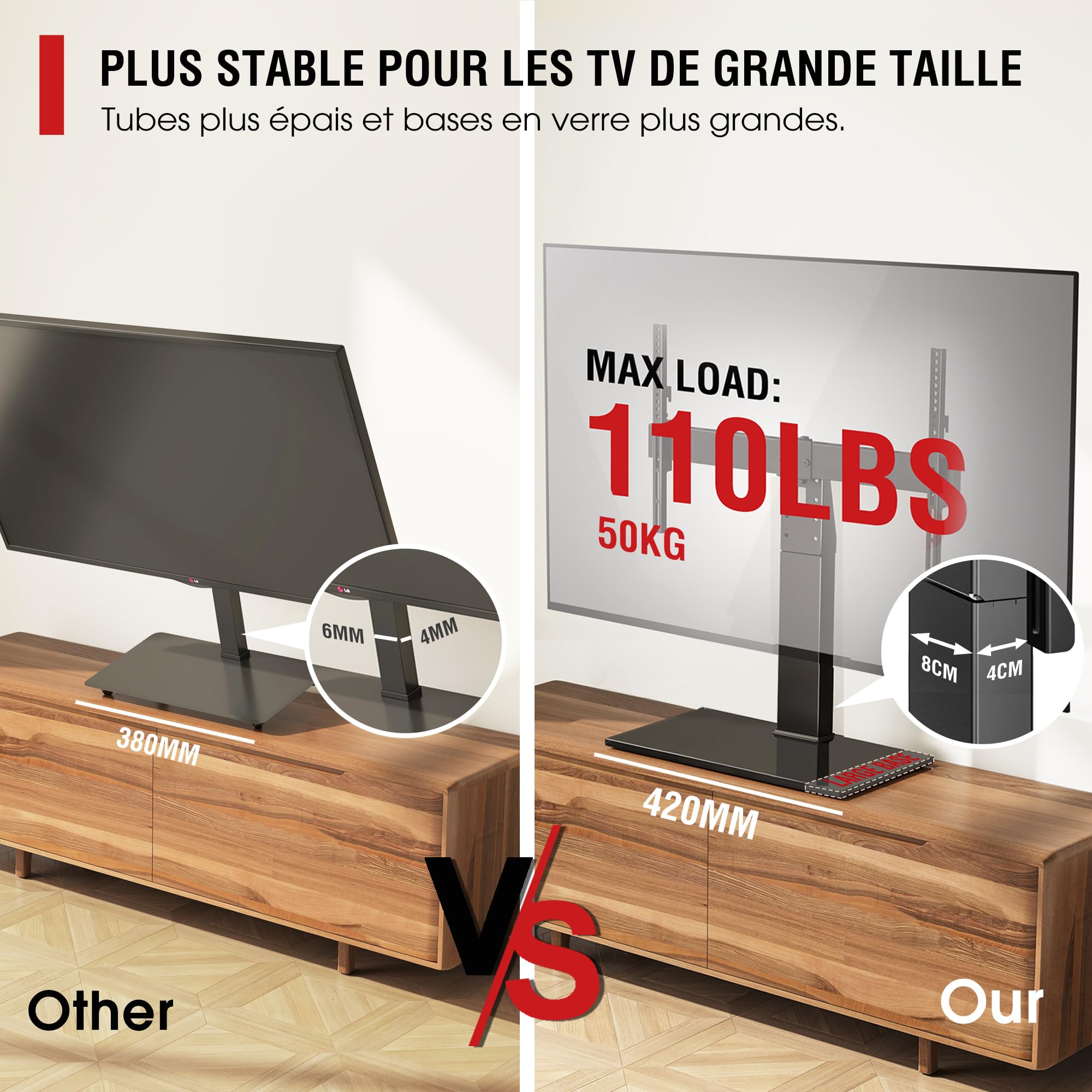 AOKCOS Support TV sur Pied pour TV de 32-75 Pouces - Pied TV Universel Pivotant 50° - Max Capacité 50 kg - Max VESA 600x400 mm