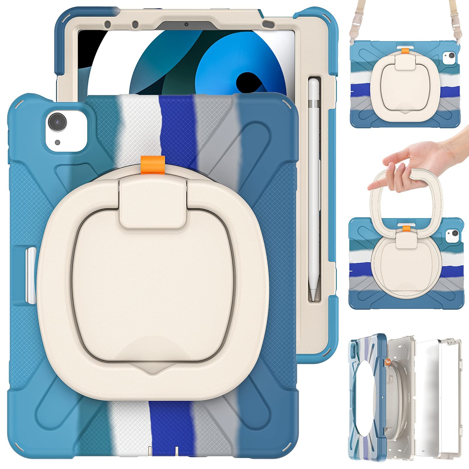 MEEgoodo Case for iPad Pro M2 12.9 Case 6th/5th/4th/3rd Generation 2022 2021 2020 2018, Tablet Cover with Pencil Holder/Rotating Stand/Shoulder Strap for Kids, Colorful Blue