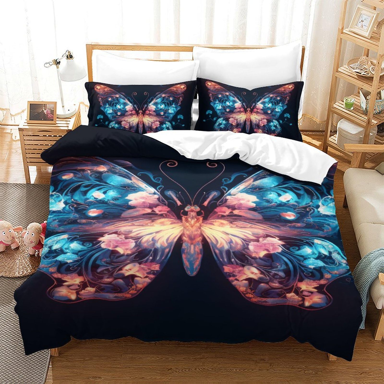 Housse de couette papillons 3D infroissable avec fermeture éclair pour lit enfant 1 personne