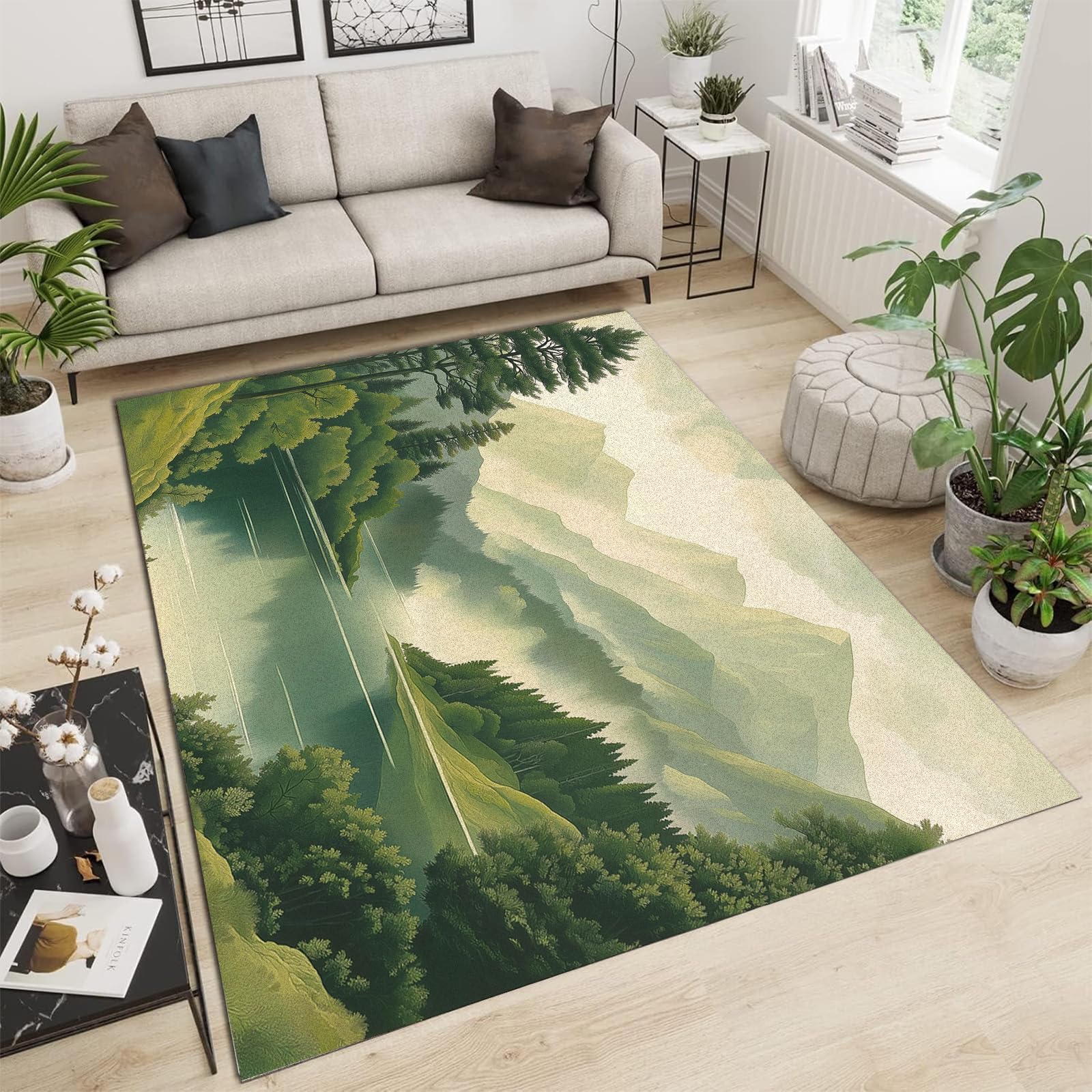 Tapis de salon moderne motifs arbres verts lac 90x180cm