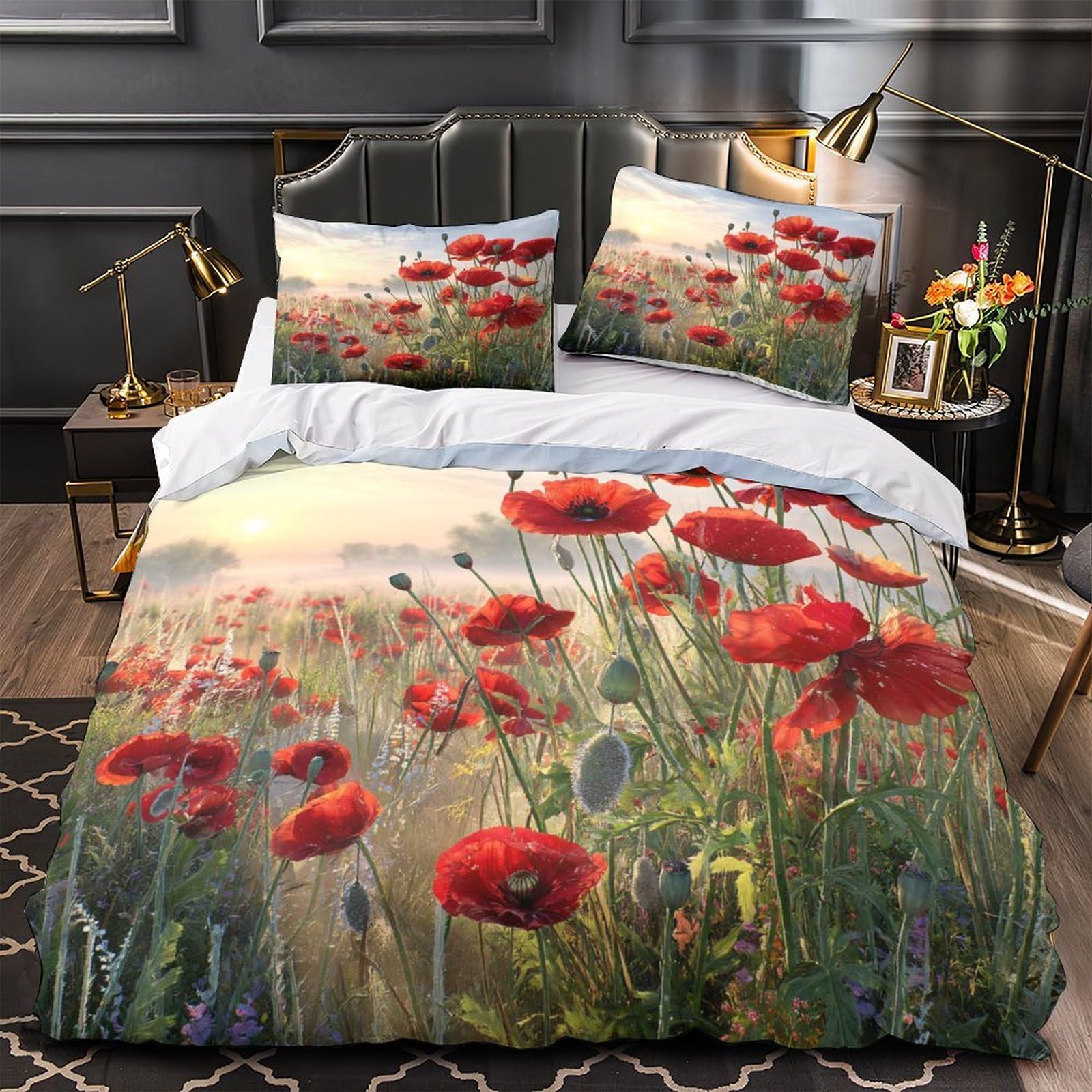 Housse de couette coquelicots anti-allergie fermeture éclair parure de lit