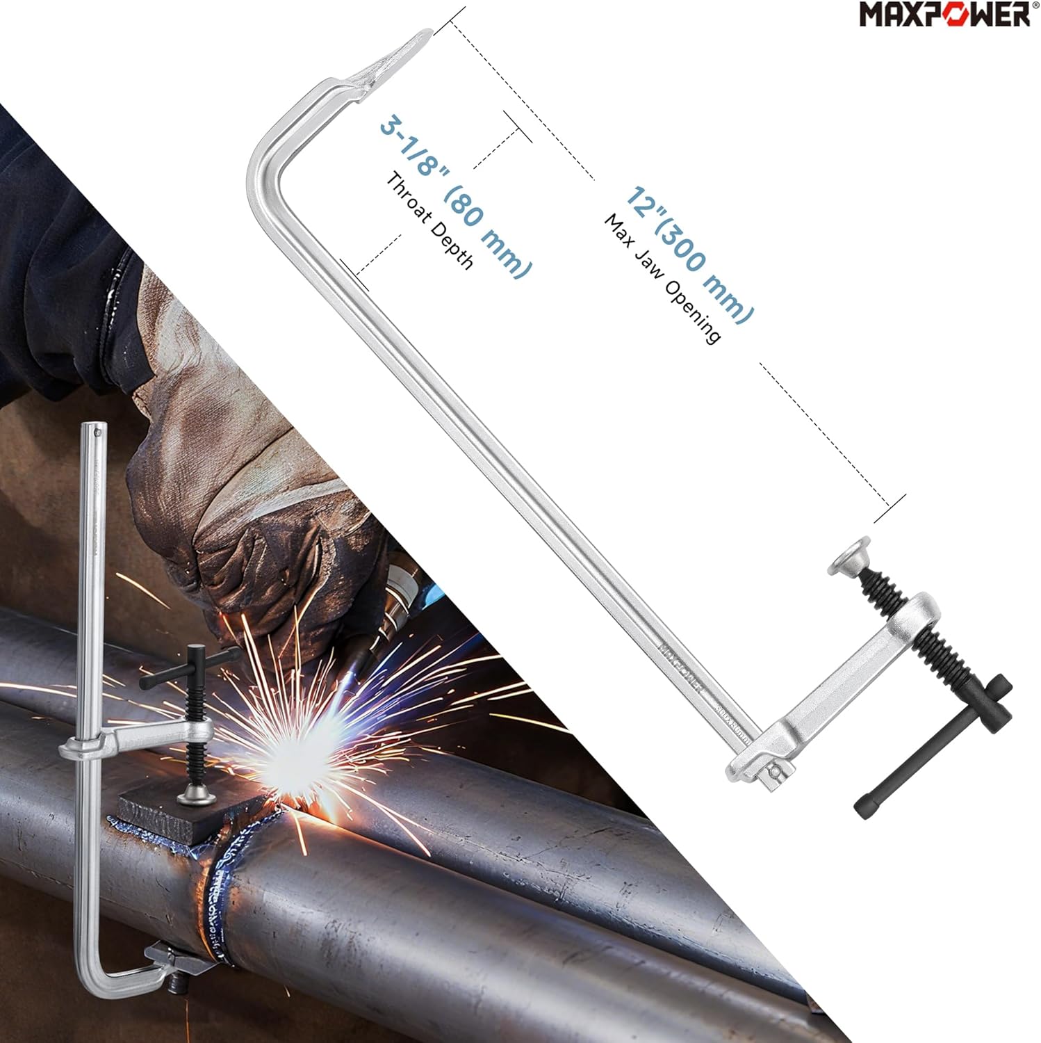 MAXPOWER Light Duty F Clamp 12 inch, 701 LBS Clamping Pressure, 3-1/8 inch Throat, Full Steel Bar Clamps for Welding, Pack of 2