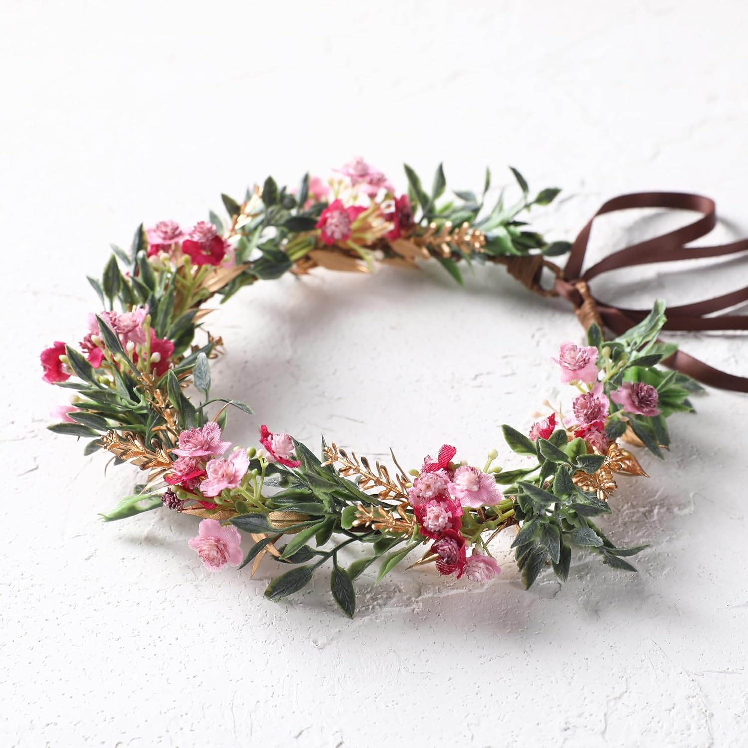 Women Girls Flower Crown - Golden Green Leaves Red Flower Headband Renaissance Floral Headpiece Hair Wreath for Bridal Maternity Vacation Party Festival Photo Prop - Image 3