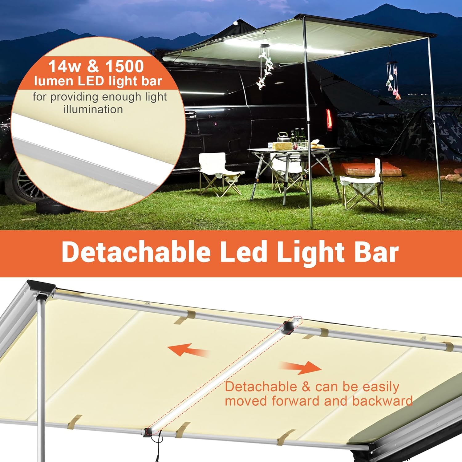 Yescom Car Awning with LED for SUV 4.6FT x 6.6FT Caravan Camping Side Rooftop Tailgate Canopy Tent Shelter Tarp