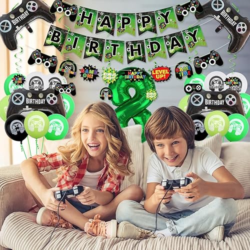 Miniatura 4 de Decoraciones de fiesta de videojuegos  Decoraciones de cumpleaños número 8 para niños, pancarta de feliz cumpleaños, mantel de videojuegos, globos