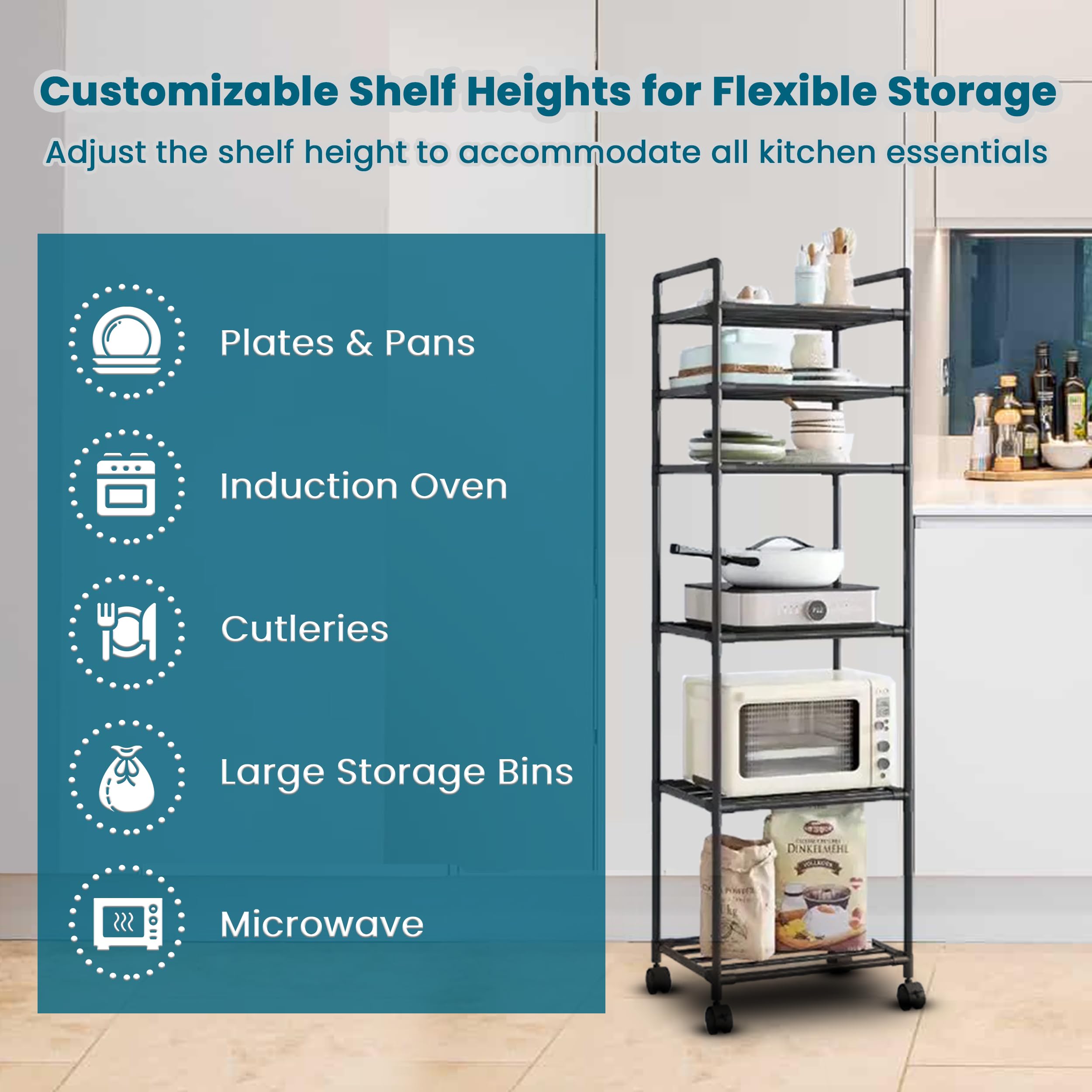 Jungle Fox Black 6 Tier Kitchen Storage Rack with Wheels