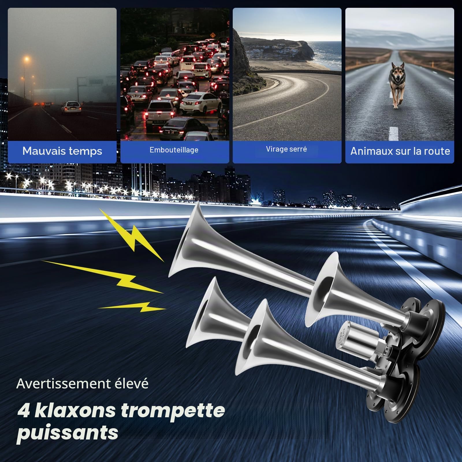 Compresseur, 12 V, 4 trompettes, kit klaxon, 150 psi, compresseur d'air, avec réservoir de 6 l, pour gonfler les pneus de voiture, ballons, jouets, bateaux