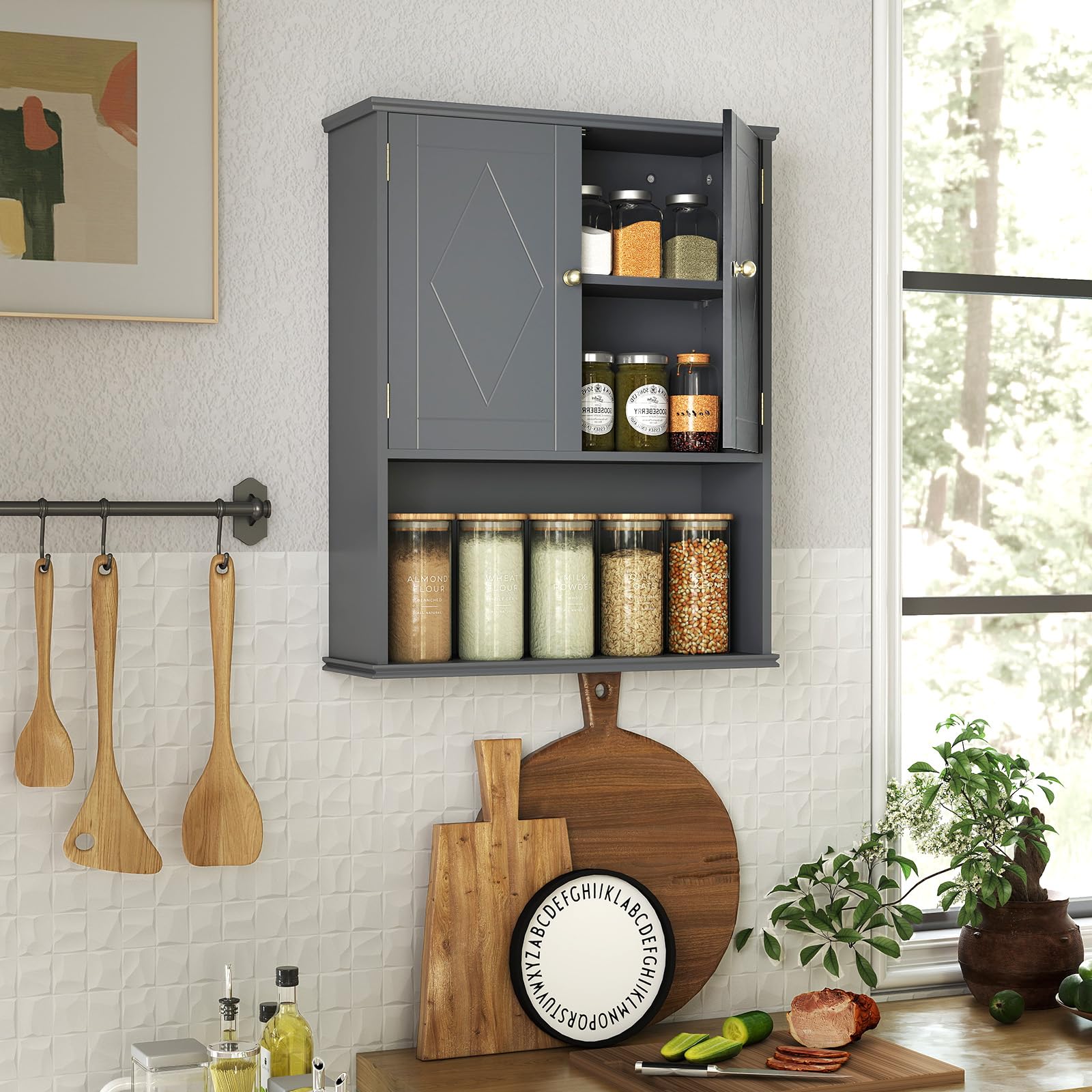 LIFEZEAL Meuble de Salle de Bain Mural, Armoire de Rangement Suspendue avec étagère Réglable, Compartiment Ouvert, Meuble de Salle de Bain Moderne en Bois pour Salle de Bain, Cuisine (Gris)