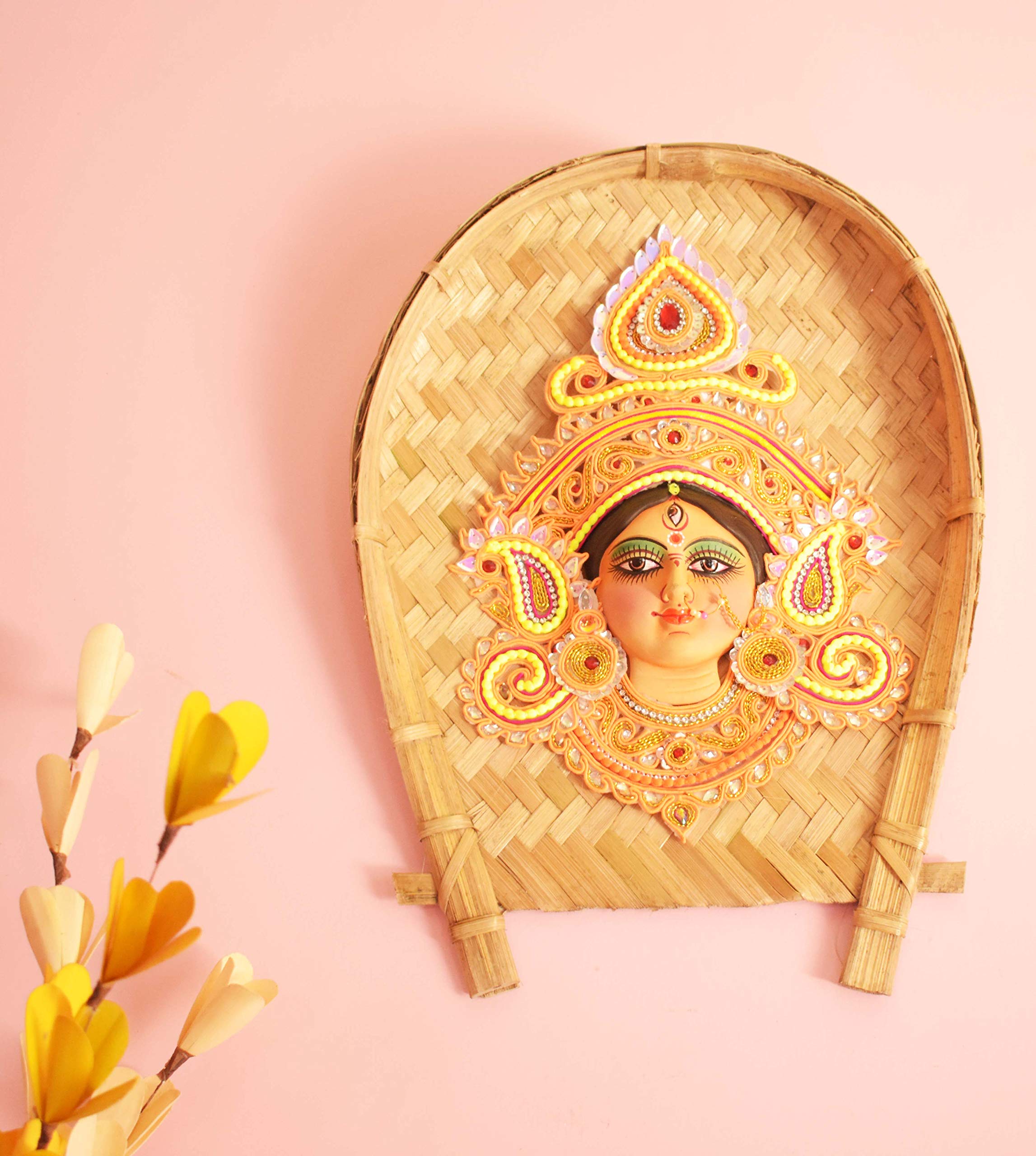 Maa Durga Clay Wall Hanging on Bamboo Kulo, Orange