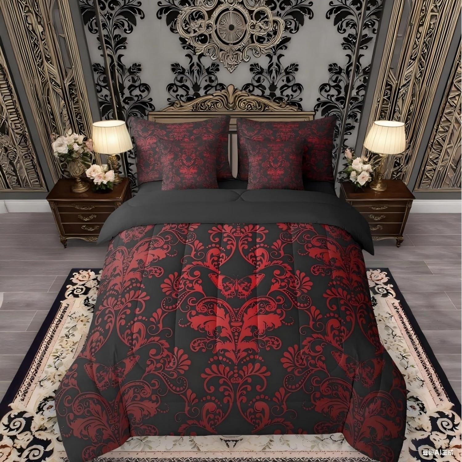 Erosebridal Gothic Damask 7 Piece Comforter Set Full Bed in a Bag,Butterfly Skull Bedding Sets Red Black Victorian Floral Goth Sheet Set with Comforter