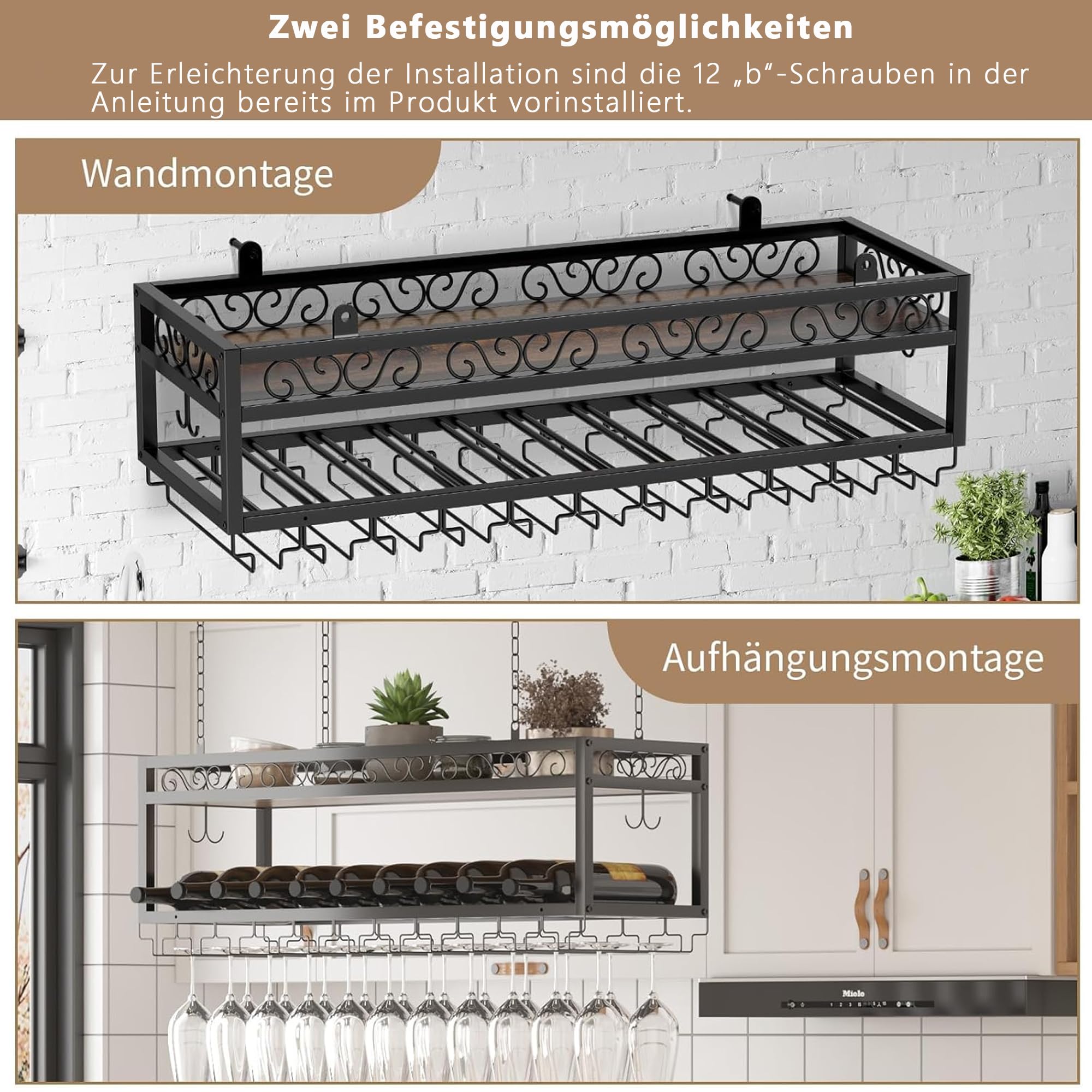 Estantería de techo para vino, altura ajustable, con soporte de cristal y cadena de hierro, 2 capas, estilo industrial, para bares, restaurantes, cocinas, cafeterías