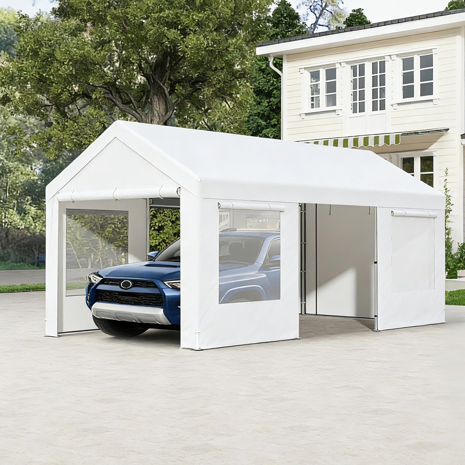 Tenda Garage Auto Esterno Tettoia Telaio Metallo Copertura PE Resistente Intemperie Capanno Giardino Bianco 305x586x280 cm