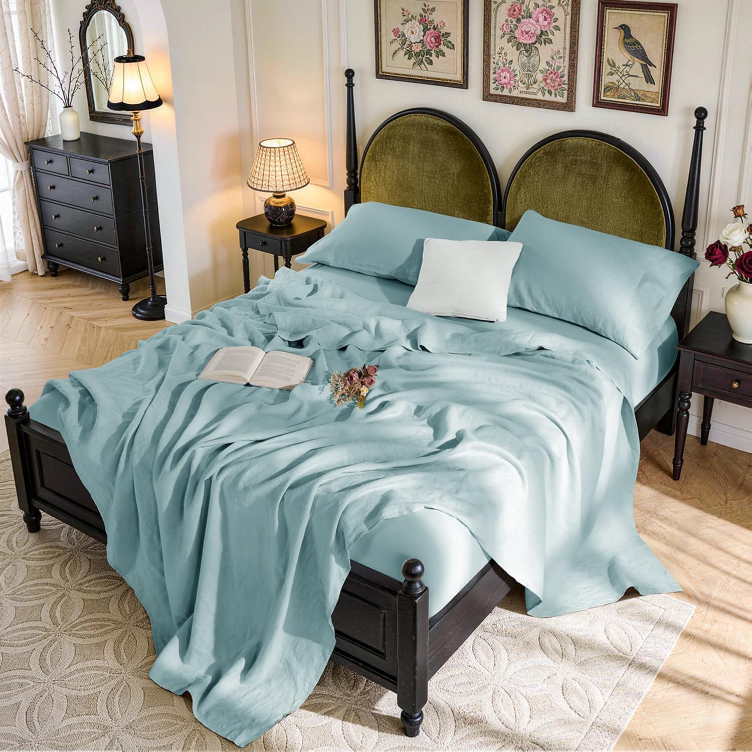 SONORO KATE 100% French Pure Linen Sheets, Breathable and Durable Linen Queen Size Sheets, Anti-Tear Linen Bed Sheets, Machine Washable, 16 Inch Deep Pocket - 4 Piece (Ocean, Queen)