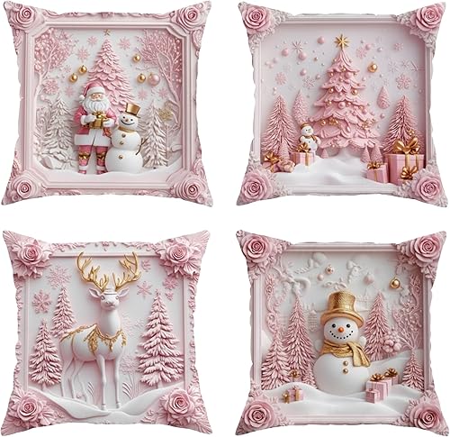 Miniatura 8 de Juego de 4 fundas de almohada navideñas de 18 x 18 pulgadas, fundas decorativas de invierno, Navidenas para cojines, fundas de almohada de Navidad