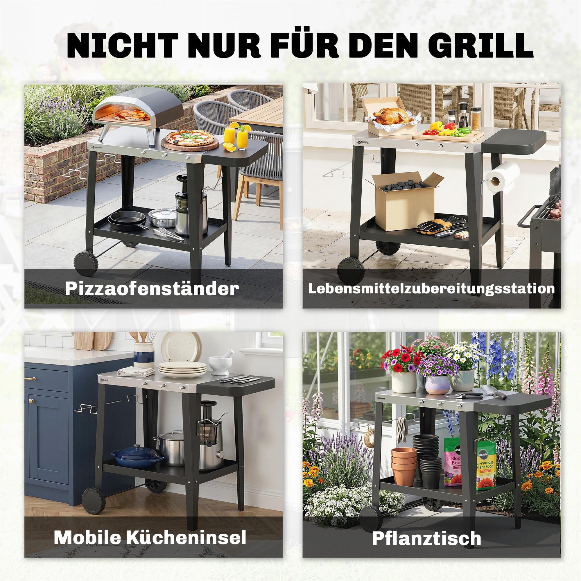 Outsunny Küchenwagen mit Rollen, Servierwagen, Rollwagen mit Haken, Papierrollenhalter, Müllsackständer, Küchenhilfe, BBQ Grilltisch aus Edelstahl Küchentrolley, 115 x 67,5 x 80,5 cm Schwarz