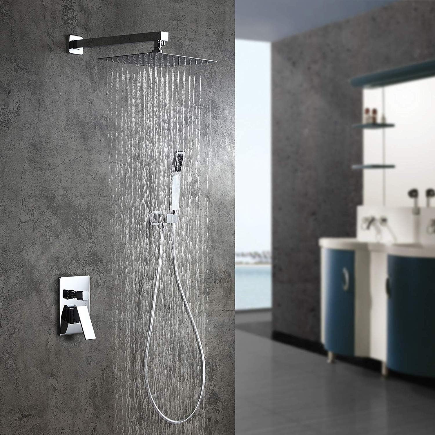 Shower System,2-Function Square Shower Faucet Wall Mounted Shower Combo Set for Bathroom with 10" Rain Shower Head, Pressure Balance Valve, Solid Brass in Polished Chrome Show