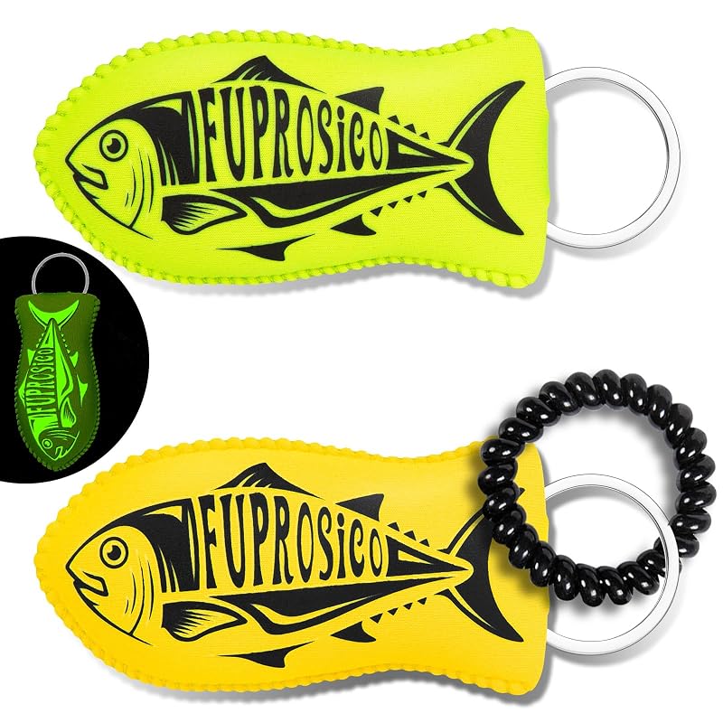 Chaveiro flutuante para barco Fuprosico com brilho no escuro, verde e amarelo, com espiral, kit com 2