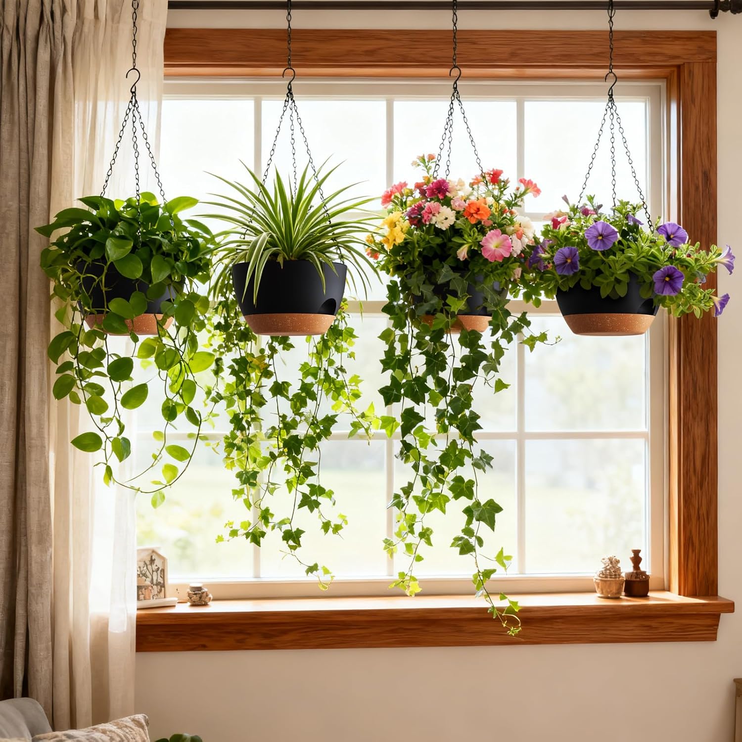 UOUZ 4 Pack 8 Inch Self Watering Hanging Planters for Indoor Outdoor Plants，Hanging Pots for Plants with Drainage Removable Tray, Hanging Baskets Flower Pots for Pothos Spider Garden Black with Brown