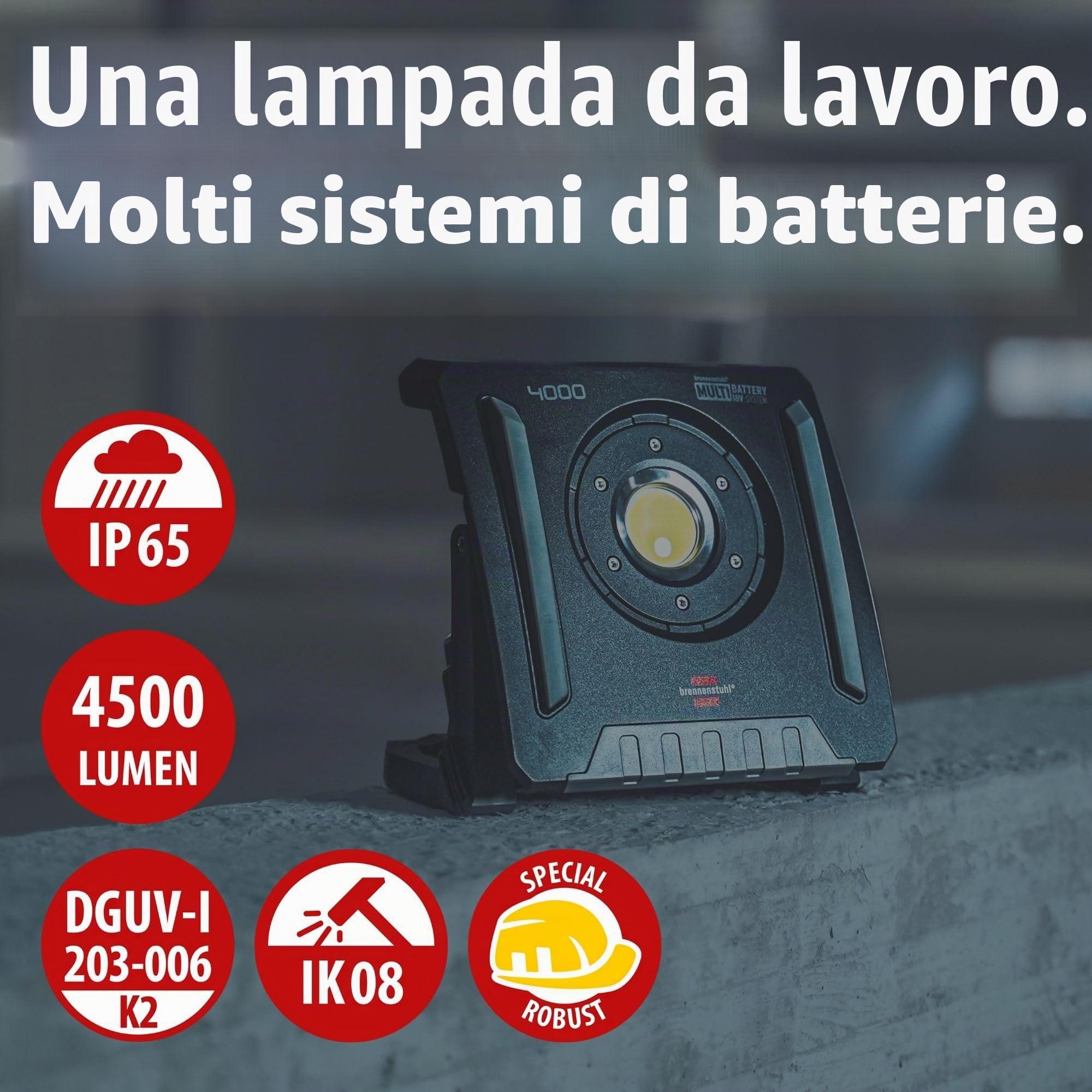 Brennenstuhl Faro LED ricaricabile da lavoro Lampada LED Portatile 4000 MA, 4500lm | IP65 | Compatibile con Batterie 18V dei 5 Principali Produttori di Powertool | Engineered in Germania