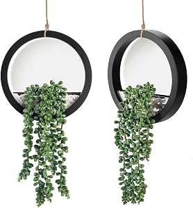 Der Rose 2Pcs Fake Hanging Plants for Bathroom Wall Decor and Wall Art | Wall art-style faux hanging plants for bathroom, living room, kitchen and office wall decor, with 2 black pots and ropes.