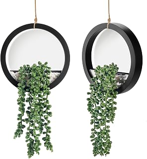 DerRose 2 Pack Hanging Artificial String of Pearls Succulents in Black Pots - Realistic Fake Plants for Boho Farmhouse Bathroom Wall Decor