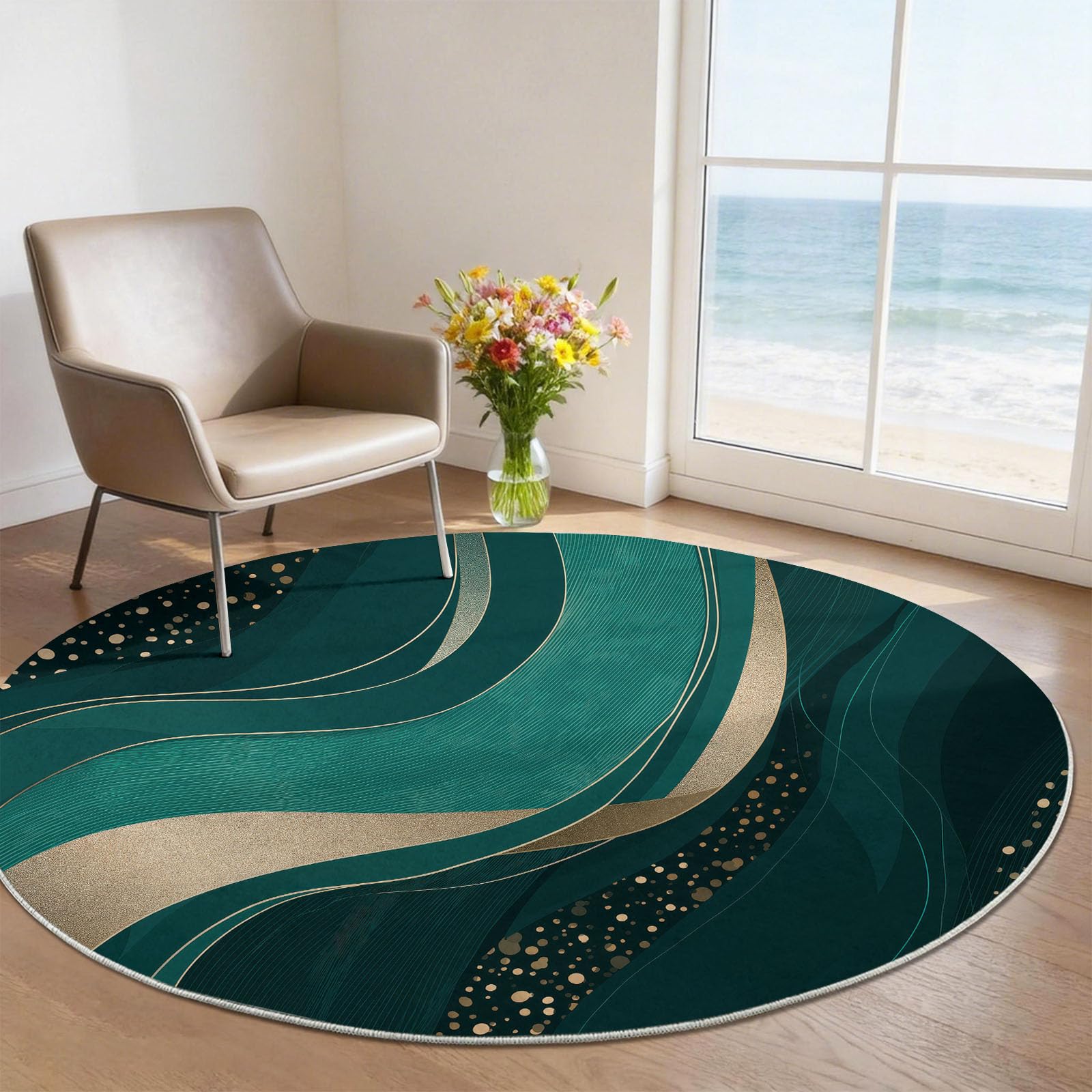 Générique Luxe Italien Tapis Rond Salon 180 cm Poils Courts pour Chambre Cuisine Intérieur, Texture Marbre Lignes Dorées Antidérapant Doux Flanelle Tapis Rond Décoratif, Vert Foncé