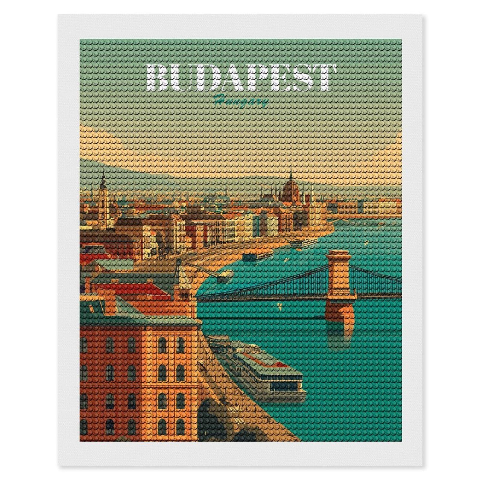 Junmoney Budapest Hungary Cityscape DIY Diamond Art Canvas Kit 16"x20", Decorate Your Room, Sparkling Round Gems, Fun Craft Experience, Farmhouse Decor