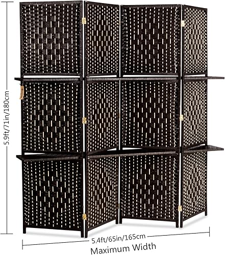 Miniatura 4 de Bonnlo Pantallas divisoras de habitación de ratán resistentes de 6 pies de alto con pared de división, 2 estantes de exhibición, pantalla plegable