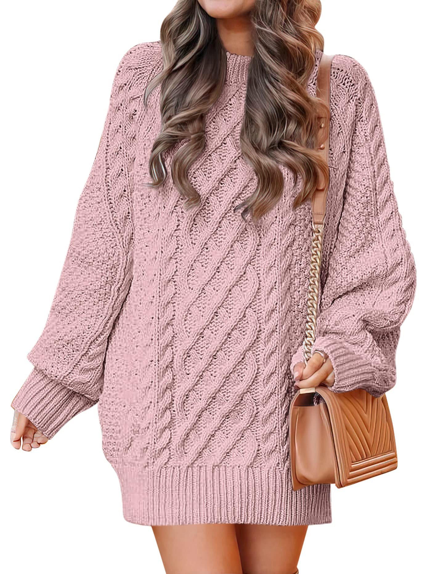 ANRABESS Women 2023 Fall Crewneck Long Sleeve Oversized Cable Knit Chunky Pullover Short Sweater Dresses