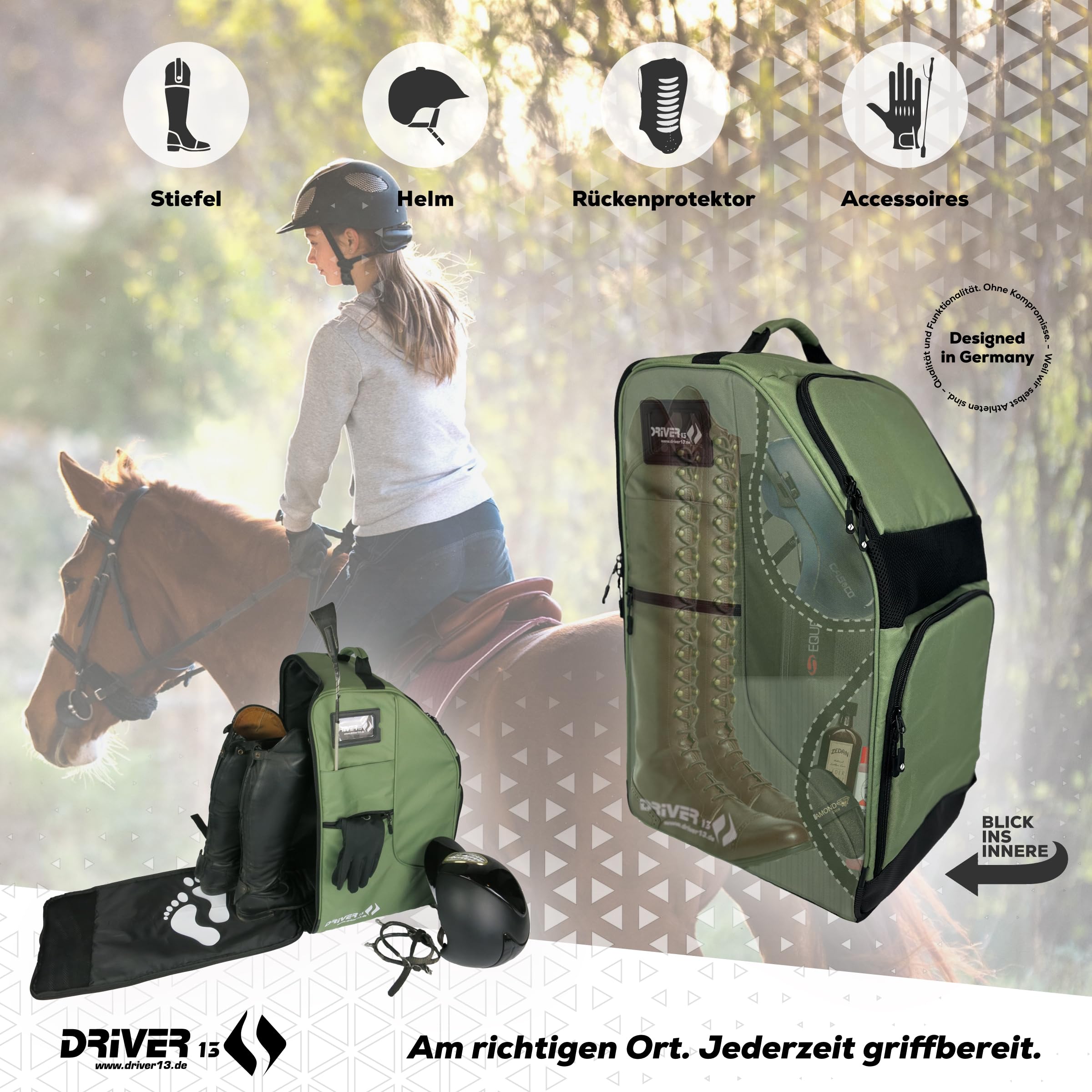Driver13 Reitstiefelrucksack Deluxe mit Helmfach, Reitstiefeltasche und Stiefeletten Tasche, für Reitstiefel und Zubehör, Farbvarianten
