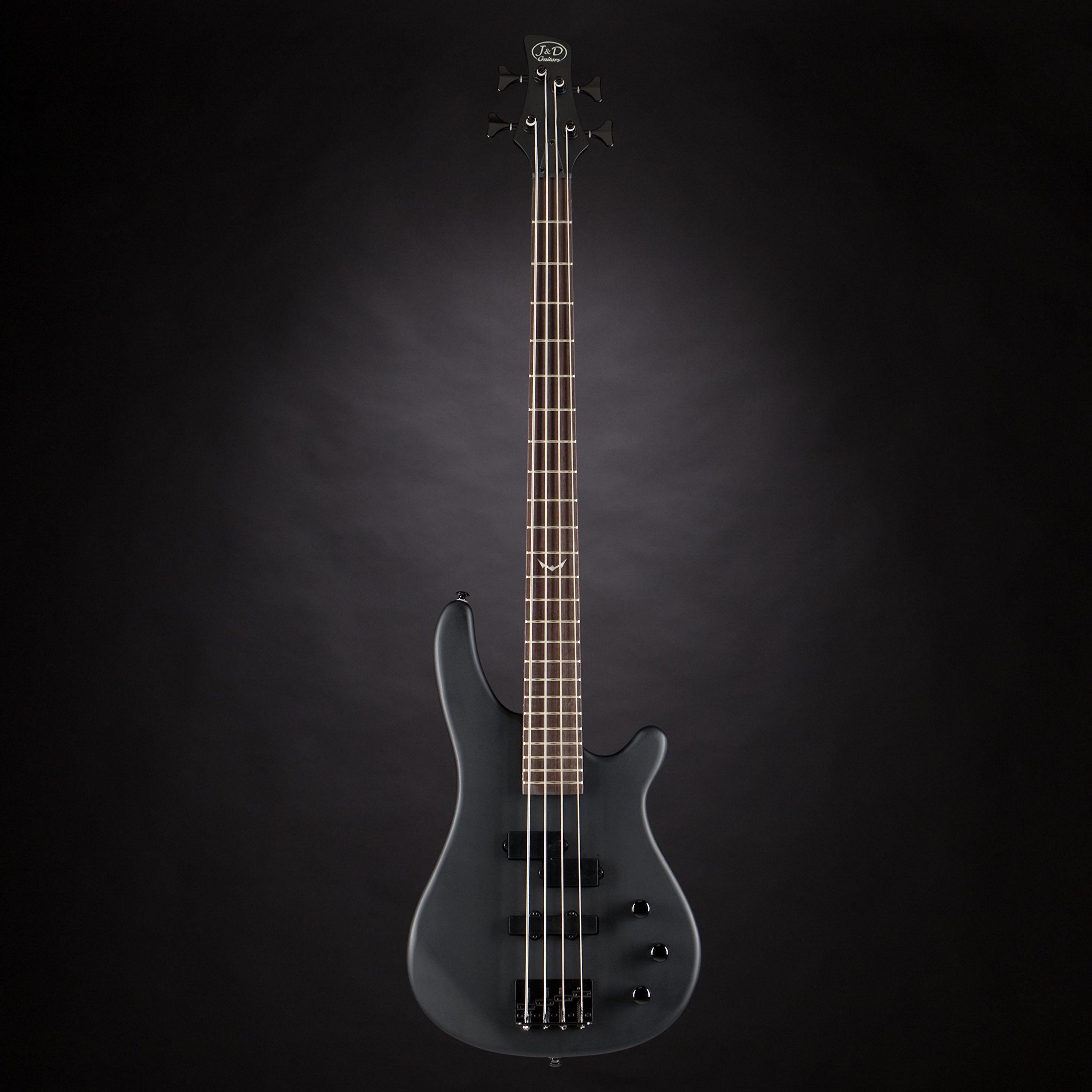 J & D E-Bass, Bass Gitarre mit 4 Saiten und Erle Korpus, Bass mit Split-Coil Tonabnehmer und Single Coil, passive Elektronik, Special Bat Mark