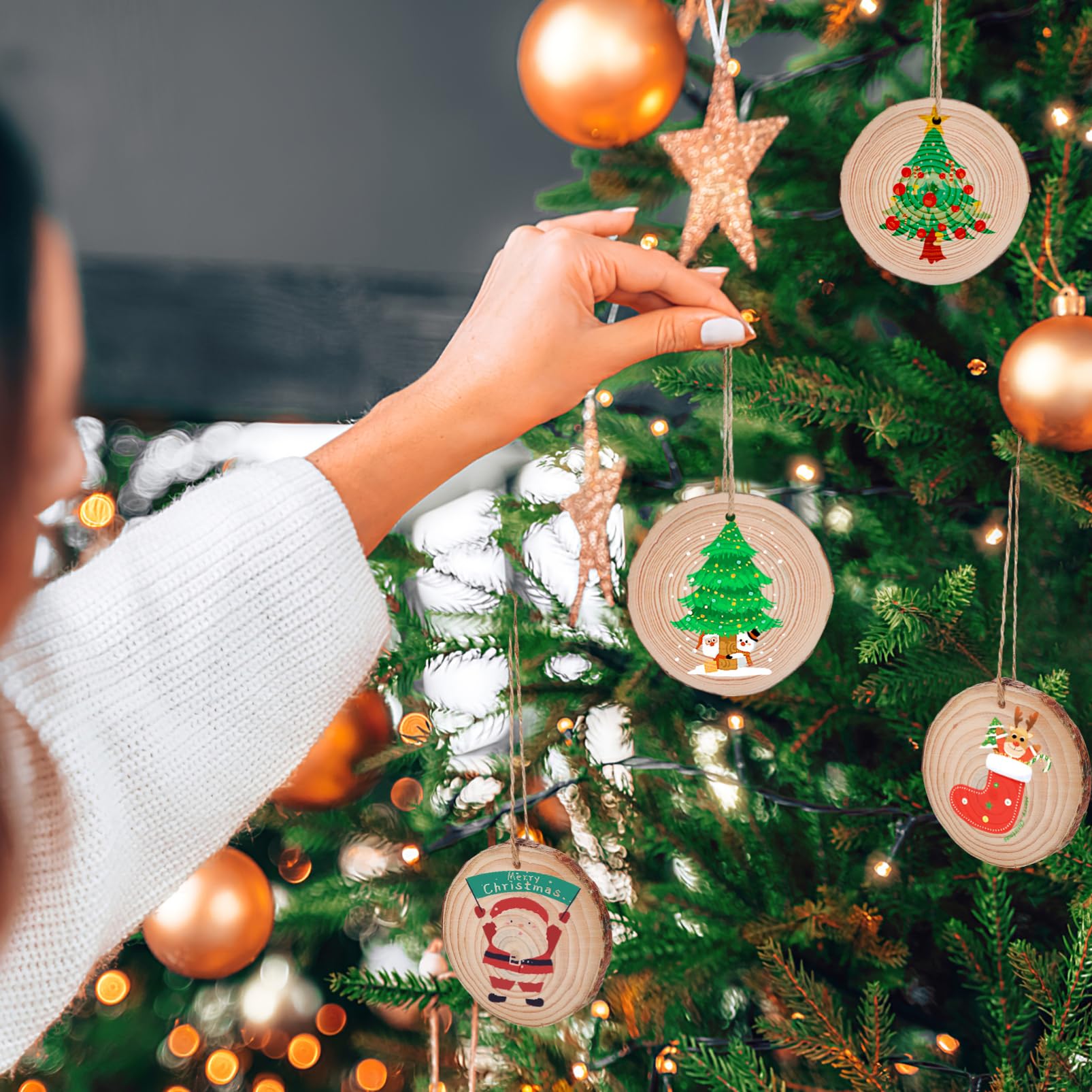 Unbemalte Runde Holzscheiben 50 Stück 7–8cm mit Jutekordel | Rustikaler Naturlook für Weihnachten und Handbemalung, Braun, Holz, mit 10m Schnur