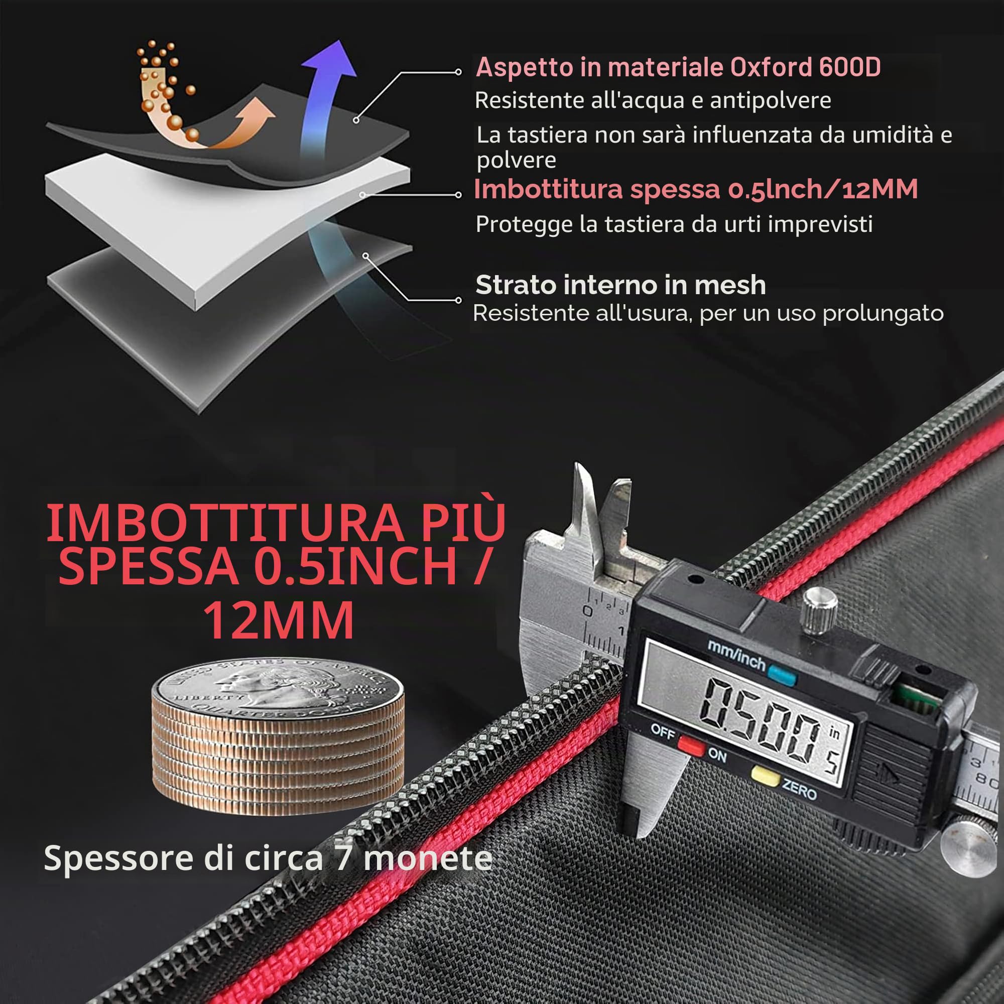 Custodia per tastiera 61 tasti impermeabile tessuto Oxford 600D imbottita 101,6 x 40,6 x 15,2 cm nero